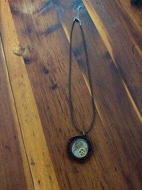 Steampunk Gear Pendant Necklace in Brown and Gold